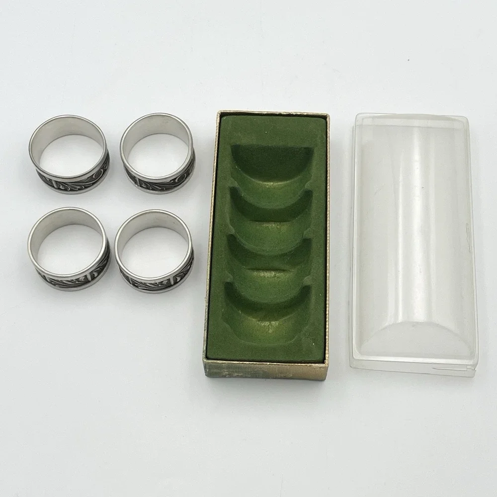 Vintage Set of 4 Norwegian Style Pewter Napkin Rings Embossed Scroll Design Box